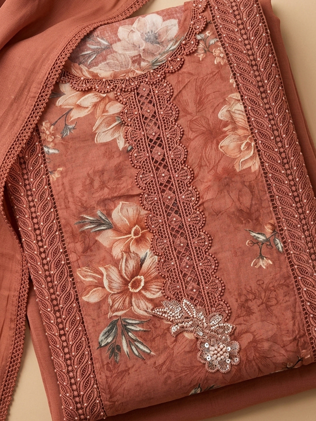 Rust Embroidered Cotton Blend Unstitched Suit &amp; Pant With Cotton Dupatta