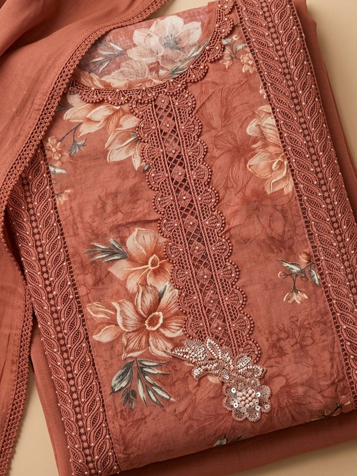 Rust Embroidered Cotton Blend Unstitched Suit &amp; Pant With Cotton Dupatta