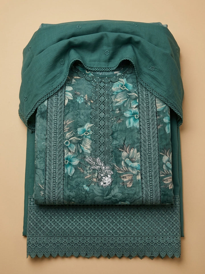 Teal Blue Embroidered Cotton Blend Unstitched Suit &amp; Pant With Cotton Dupatta