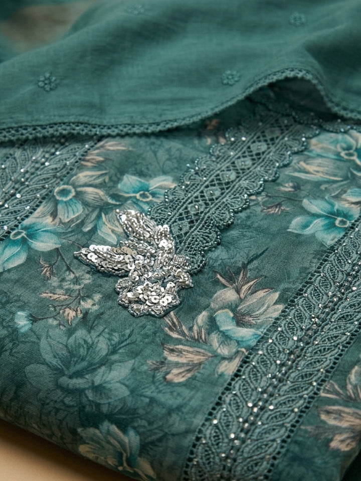 Teal Blue Embroidered Cotton Blend Unstitched Suit &amp; Pant With Cotton Dupatta