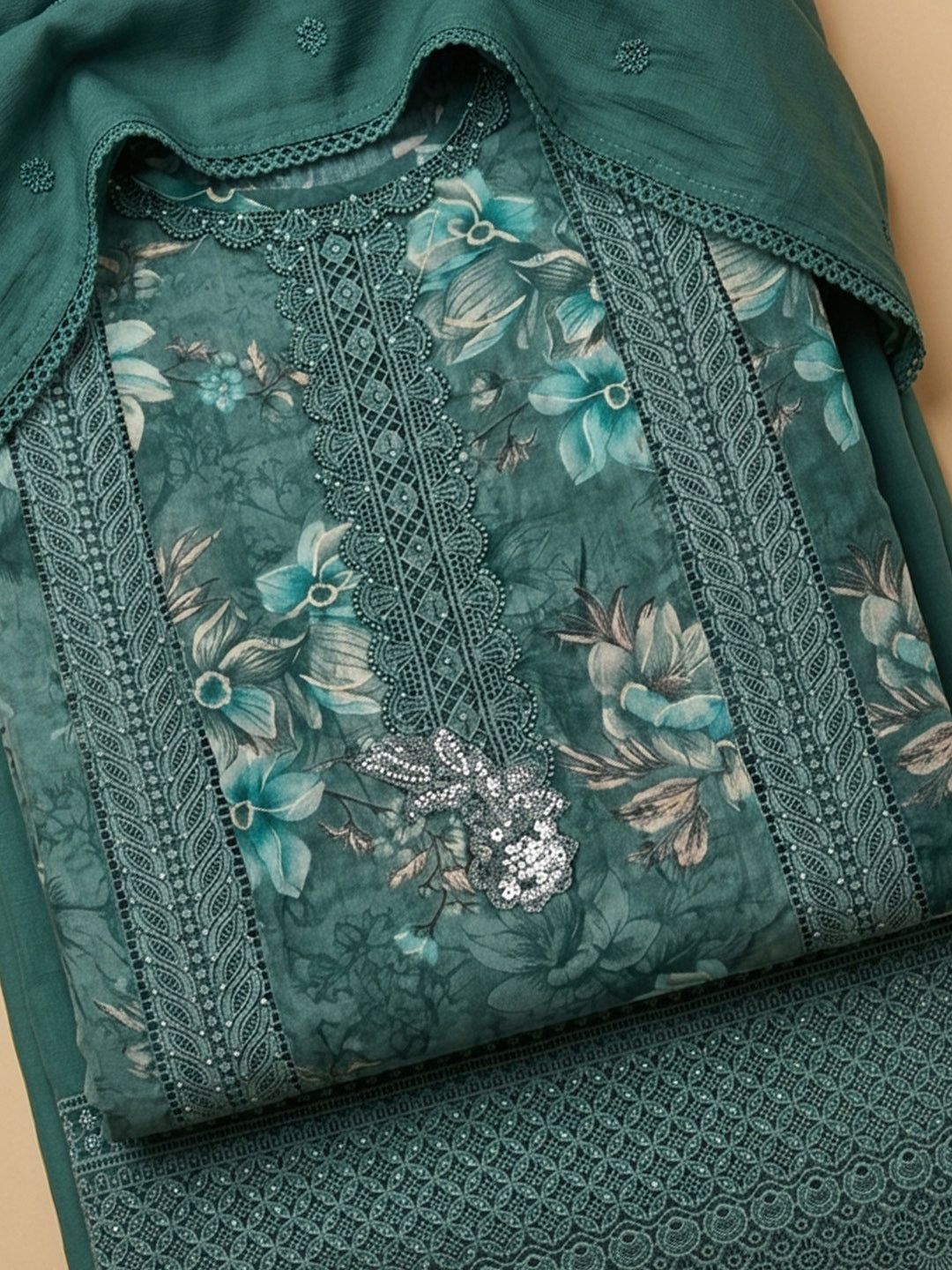 Teal Blue Embroidered Cotton Blend Unstitched Suit &amp; Pant With Cotton Dupatta