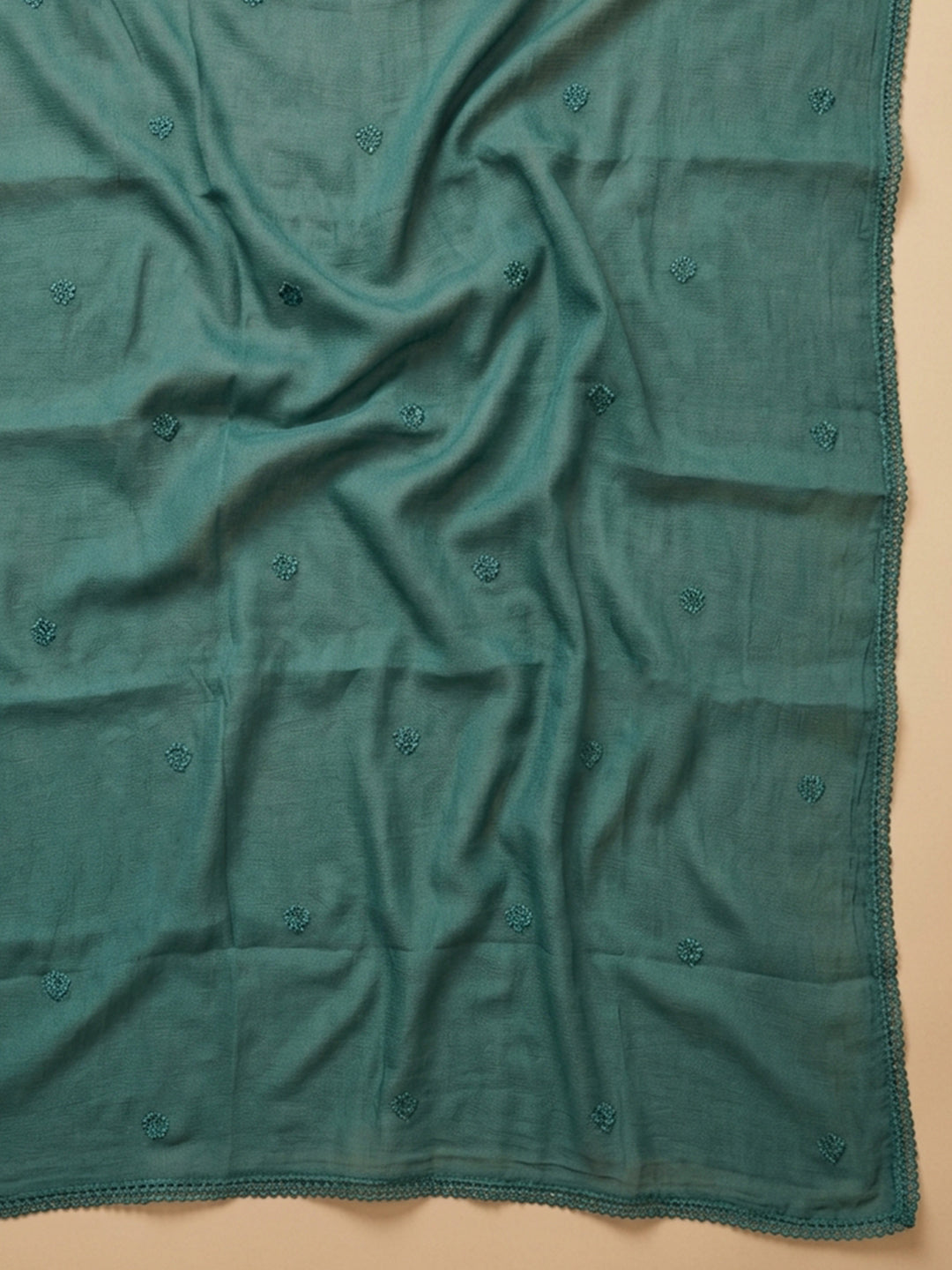 Teal Blue Embroidered Cotton Blend Unstitched Suit &amp; Pant With Cotton Dupatta