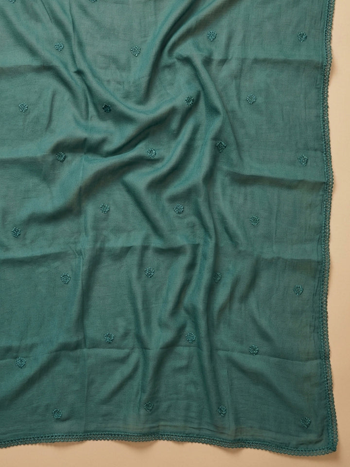 Teal Blue Embroidered Cotton Blend Unstitched Suit &amp; Pant With Cotton Dupatta