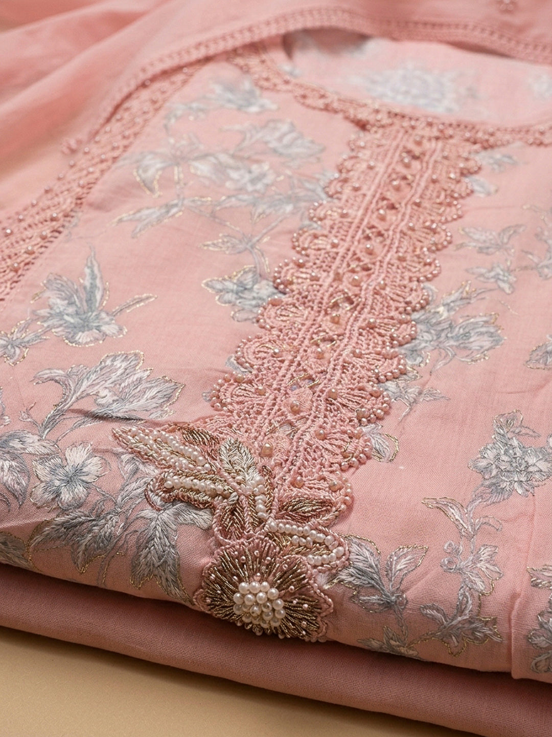 Peach Embroidery Cotton Blend Unstitched Dress Material