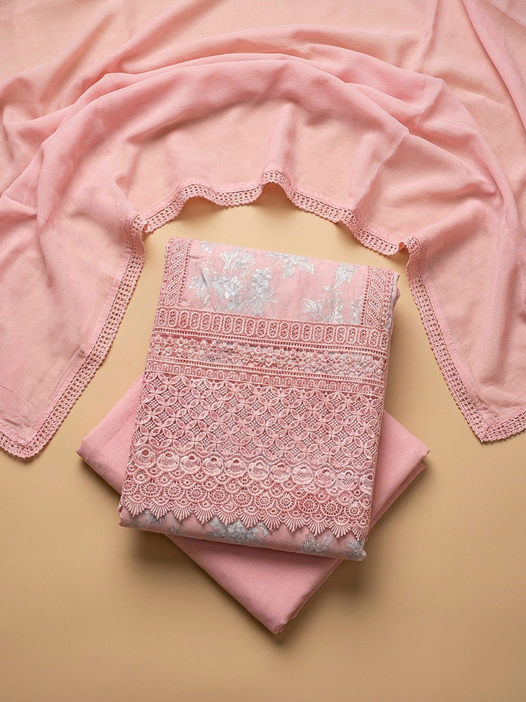 Peach Embroidery Cotton Blend Unstitched Dress Material