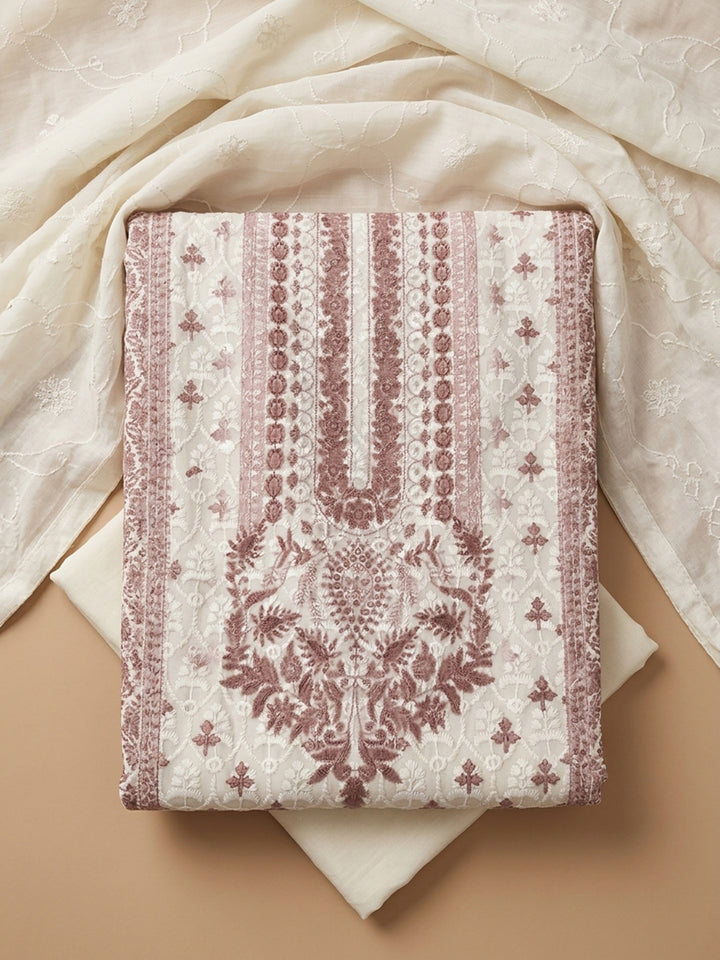 Cream Dull Pink Printed Cotton Blend Unstitched Suit &amp; Pant With Cotton Dupatta