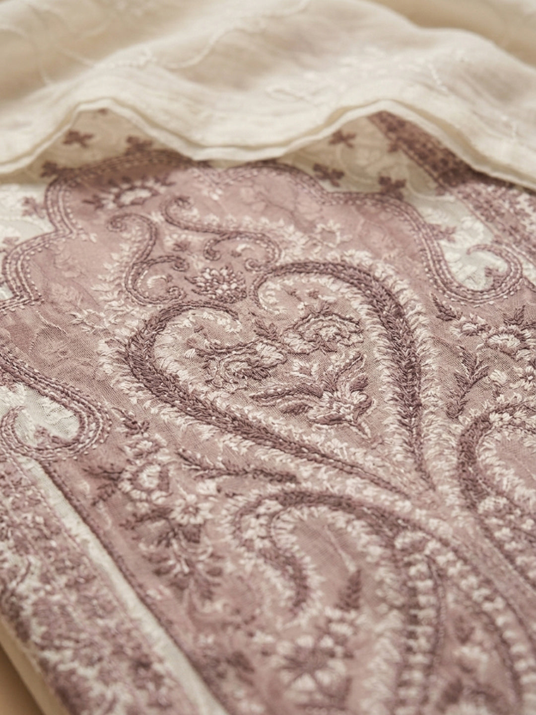 Cream Dull Pink Printed Cotton Blend Unstitched Suit &amp; Pant With Cotton Dupatta