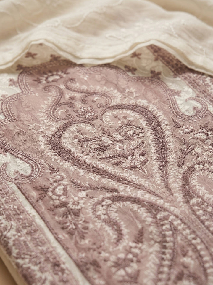 Cream Dull Pink Printed Cotton Blend Unstitched Suit &amp; Pant With Cotton Dupatta
