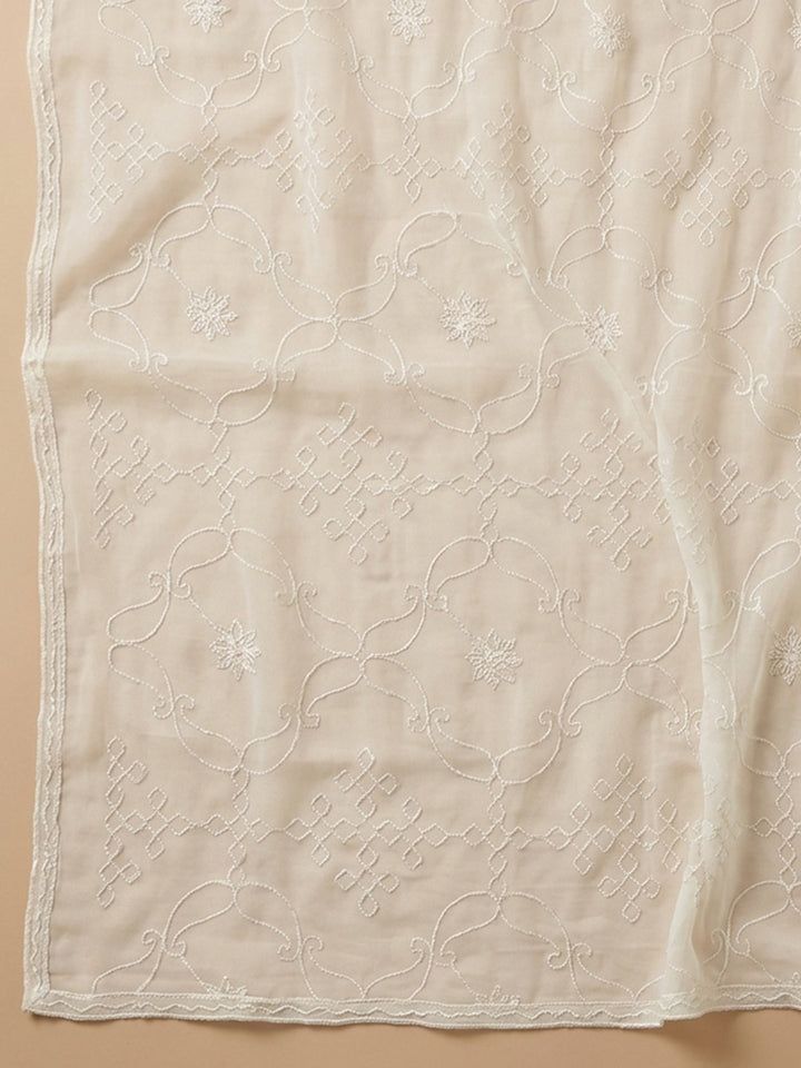 Cream Dull Pink Printed Cotton Blend Unstitched Suit &amp; Pant With Cotton Dupatta