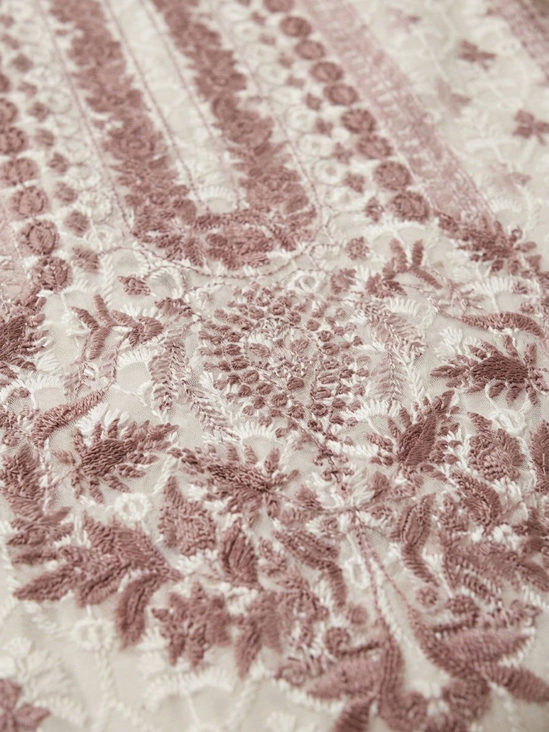 Cream Dull Pink Printed Cotton Blend Unstitched Suit &amp; Pant With Cotton Dupatta