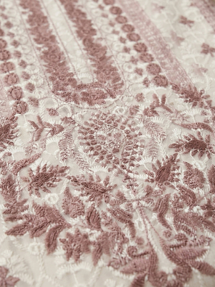 Cream Dull Pink Printed Cotton Blend Unstitched Suit &amp; Pant With Cotton Dupatta