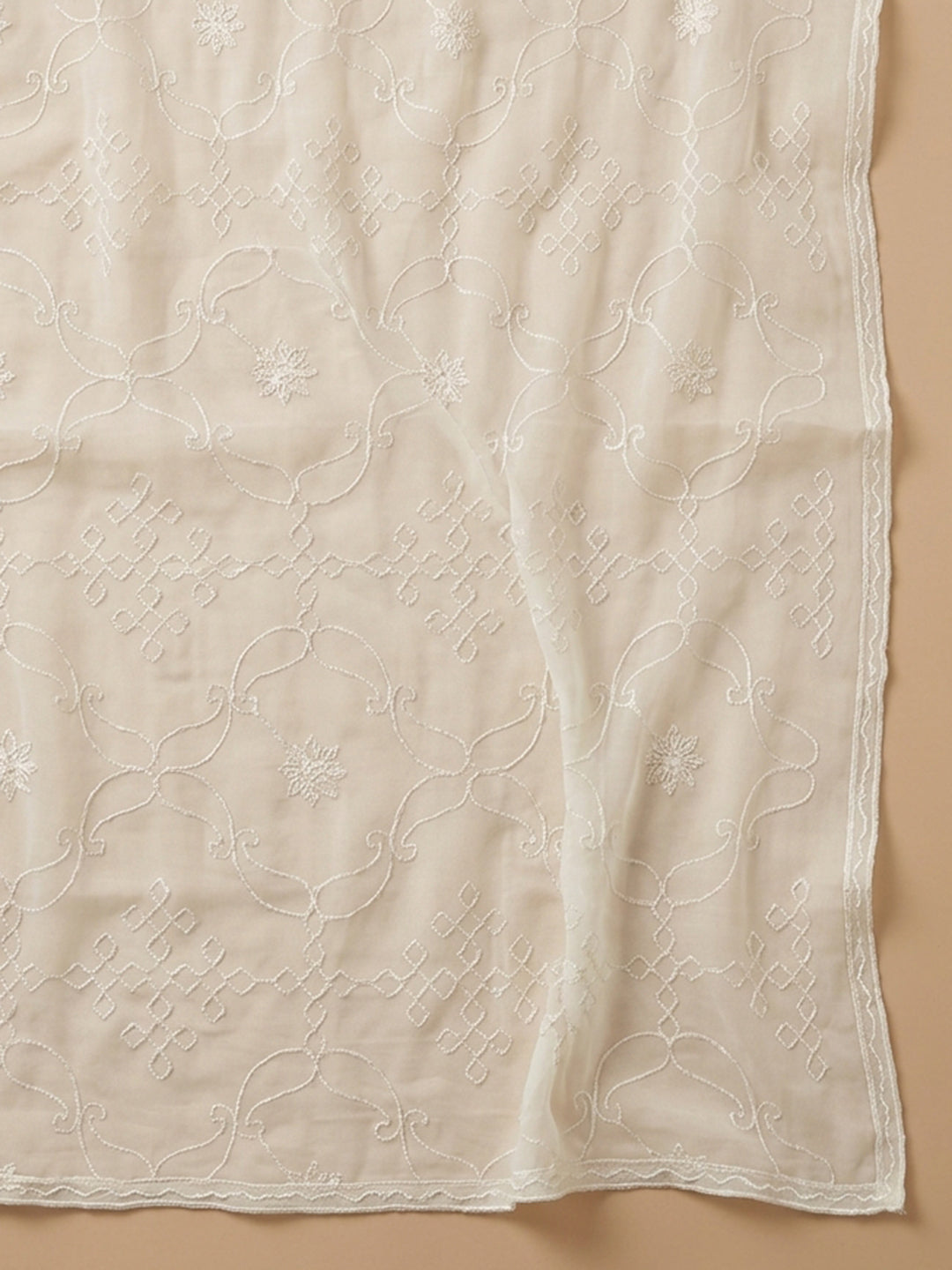 Cream Firozee Printed Cotton Blend Unstitched Suit &amp; Pant With Cotton Dupatta