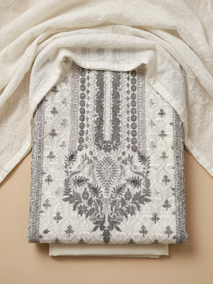 Cream Grey Printed Cotton Blend Unstitched Suit &amp; Pant With Cotton Dupatta