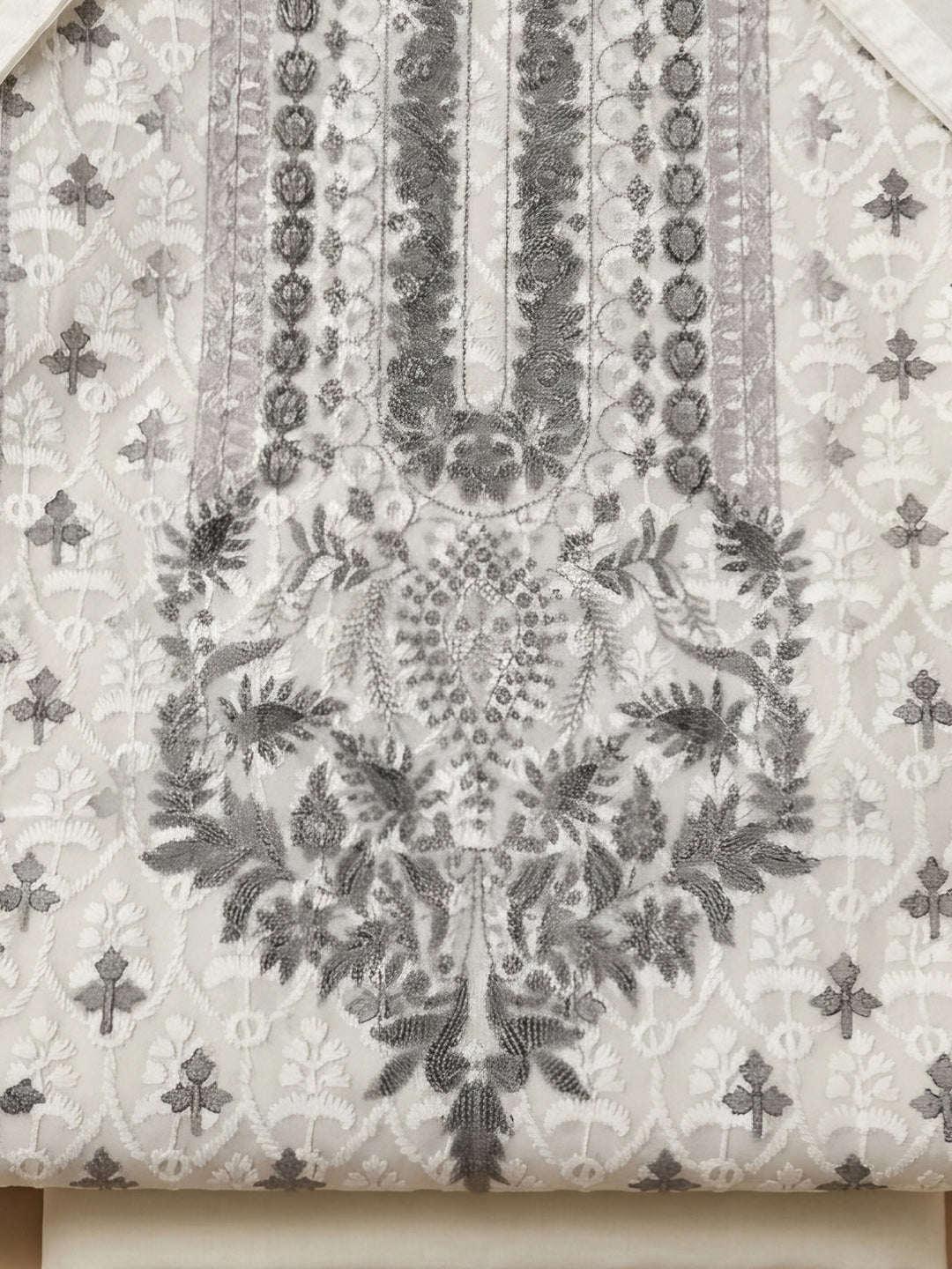 Cream Grey Printed Cotton Blend Unstitched Suit &amp; Pant With Cotton Dupatta