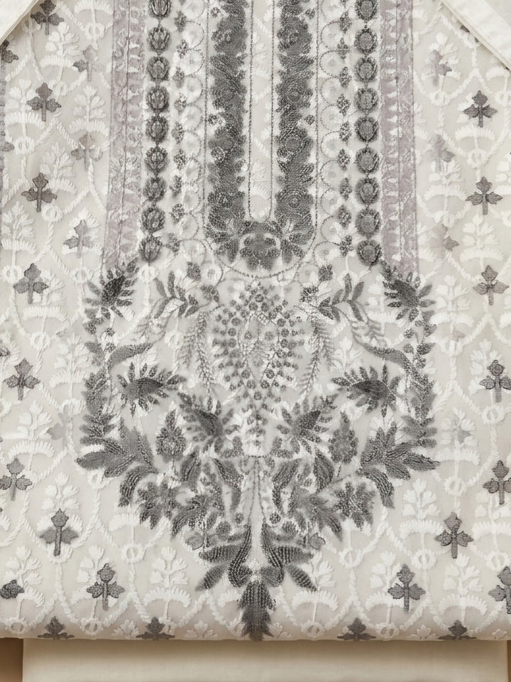 Cream Grey Printed Cotton Blend Unstitched Suit &amp; Pant With Cotton Dupatta
