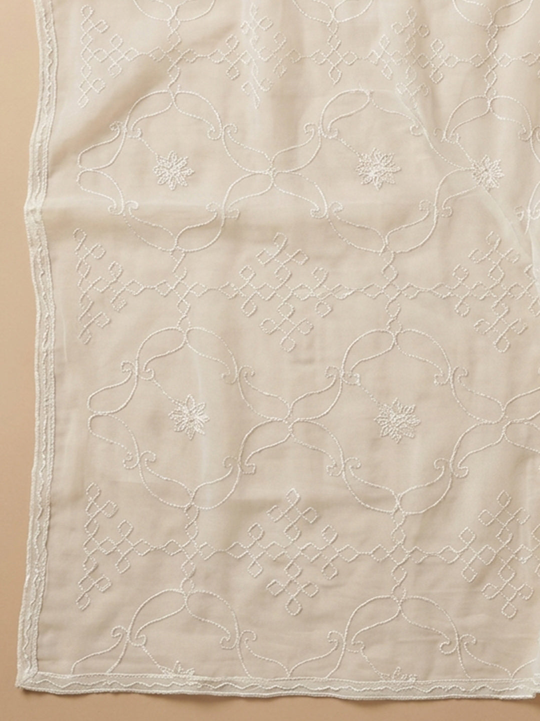Cream Grey Printed Cotton Blend Unstitched Suit &amp; Pant With Cotton Dupatta