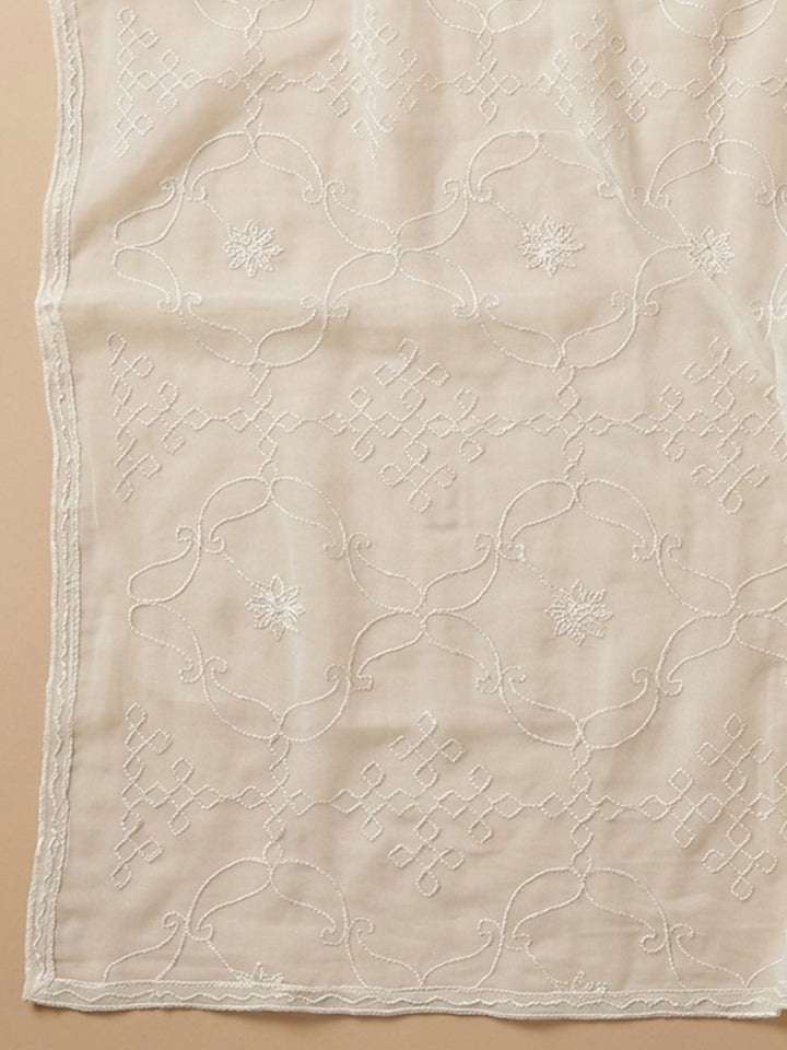 Cream Grey Printed Cotton Blend Unstitched Suit &amp; Pant With Cotton Dupatta