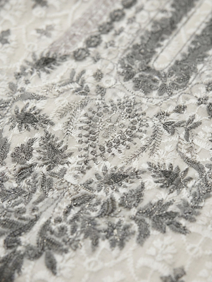Cream Grey Printed Cotton Blend Unstitched Suit &amp; Pant With Cotton Dupatta
