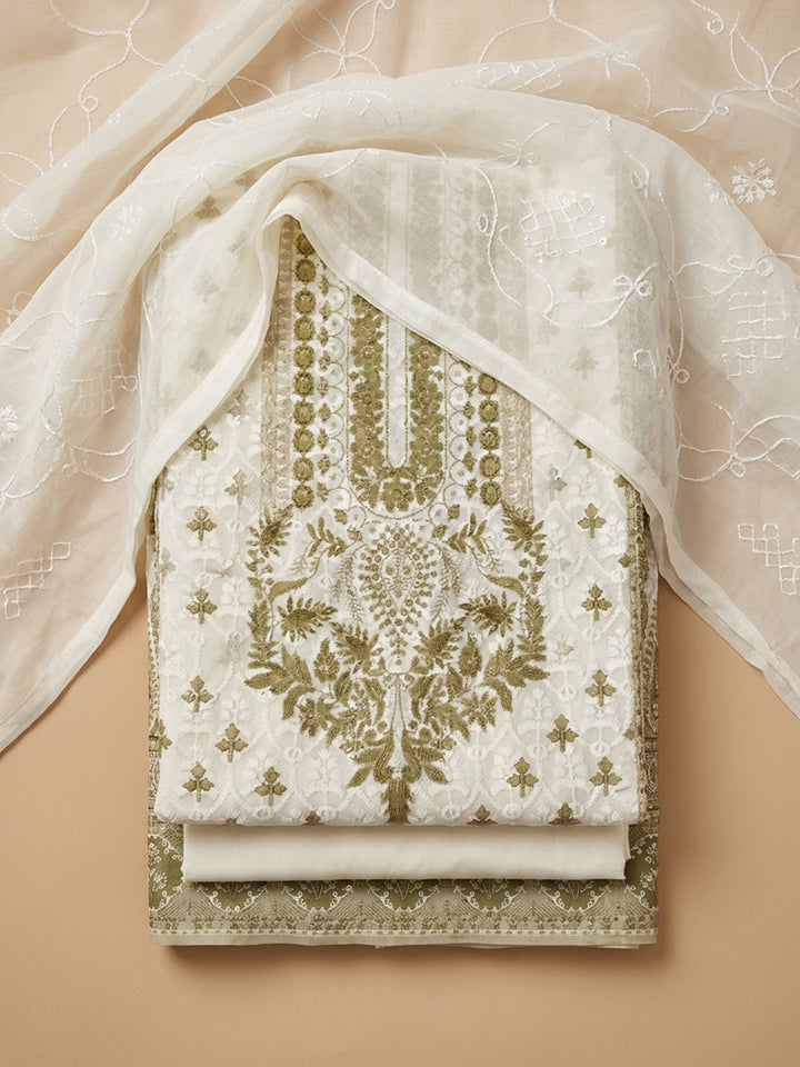 Cream Mehndi Printed Cotton Blend Unstitched Suit &amp; Pant With Cotton Dupatta