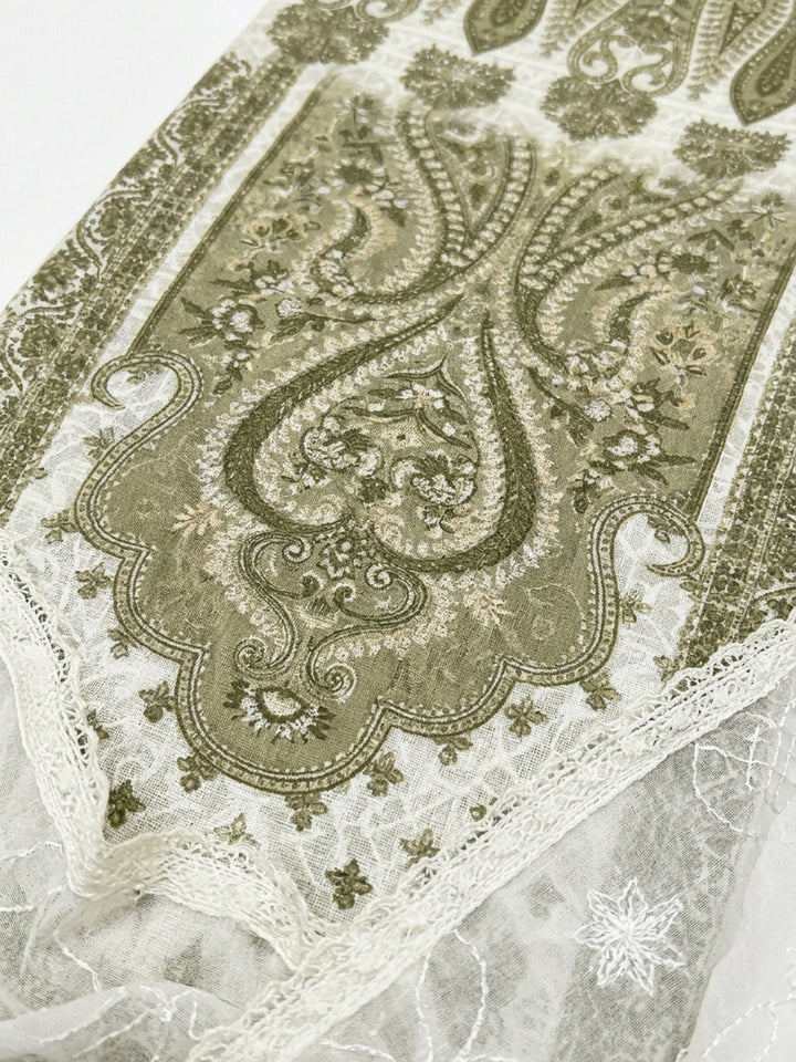 Cream Mehndi Printed Cotton Blend Unstitched Suit &amp; Pant With Cotton Dupatta