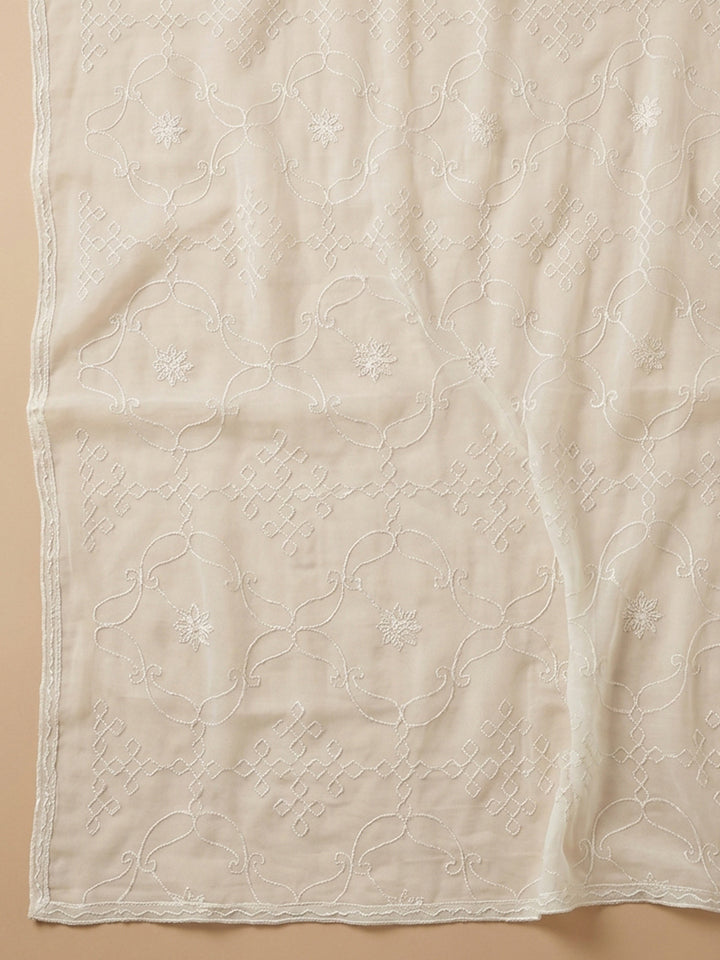 Cream Mehndi Printed Cotton Blend Unstitched Suit &amp; Pant With Cotton Dupatta
