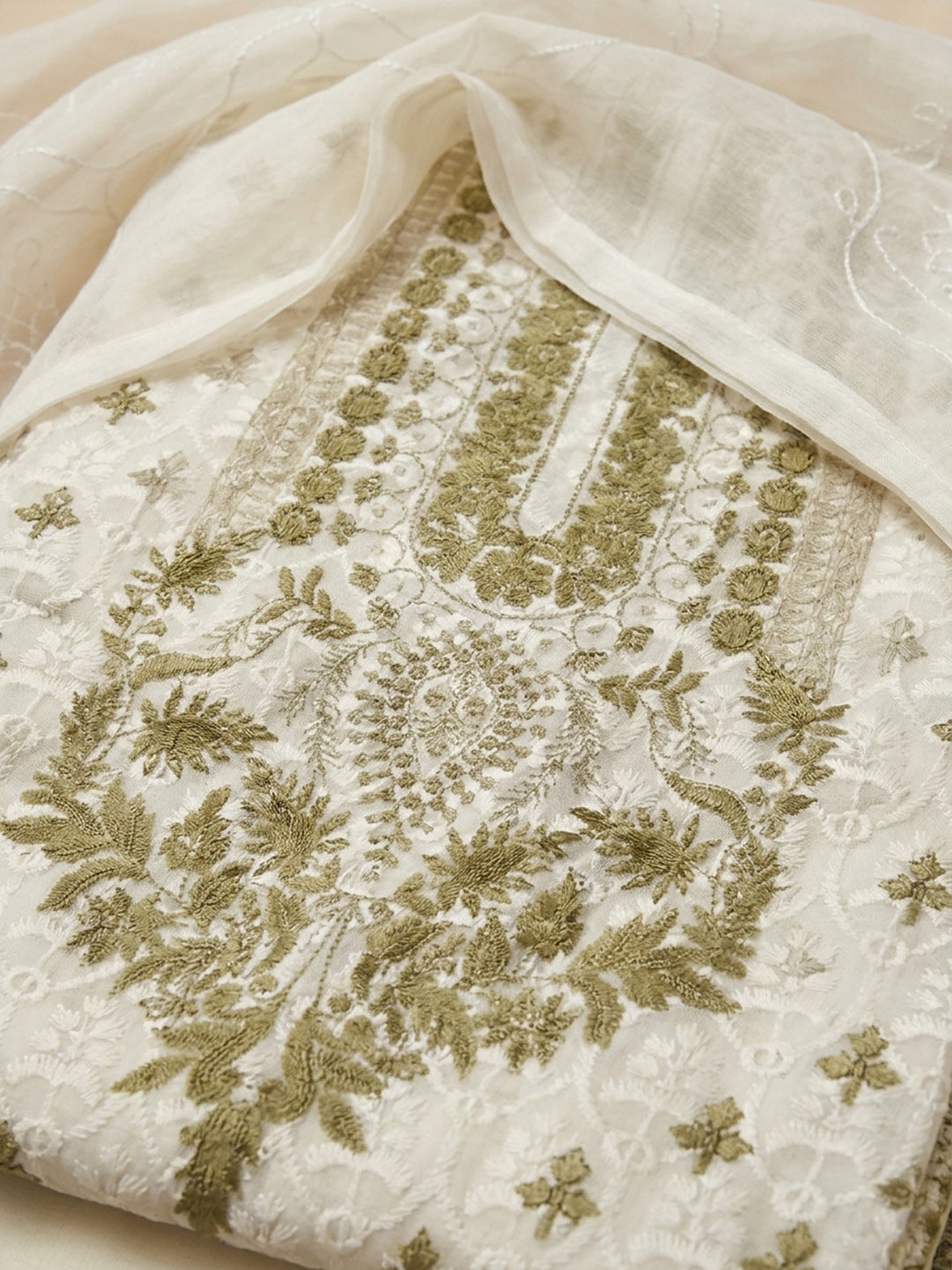 Cream Mehndi Printed Cotton Blend Unstitched Suit &amp; Pant With Cotton Dupatta