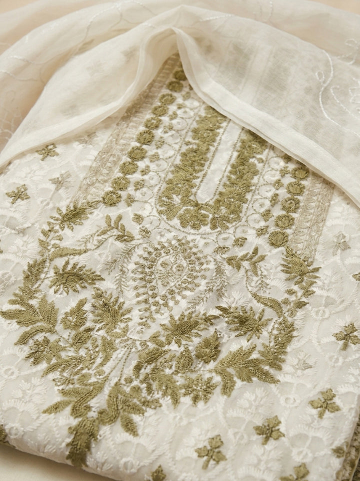 Cream Mehndi Printed Cotton Blend Unstitched Suit &amp; Pant With Cotton Dupatta