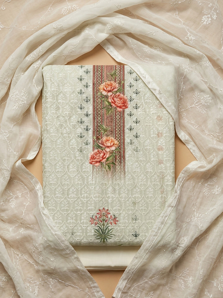 Off White Printed Cotton Blend Unstitched Suit &amp; Pant With Cotton Dupatta