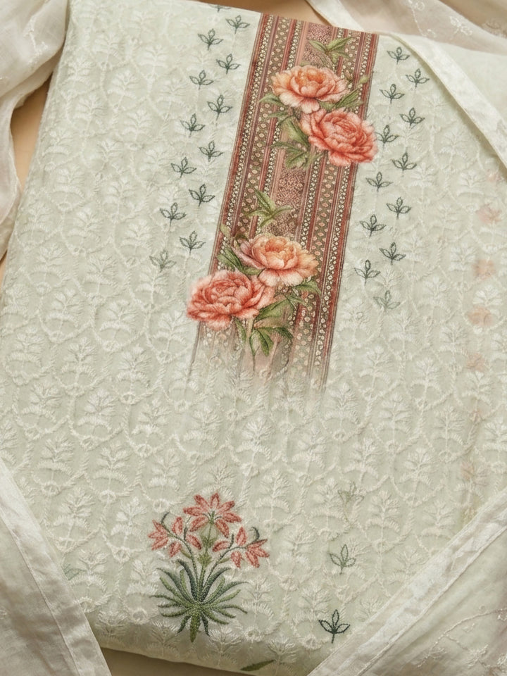 Off White Printed Cotton Blend Unstitched Suit &amp; Pant With Cotton Dupatta