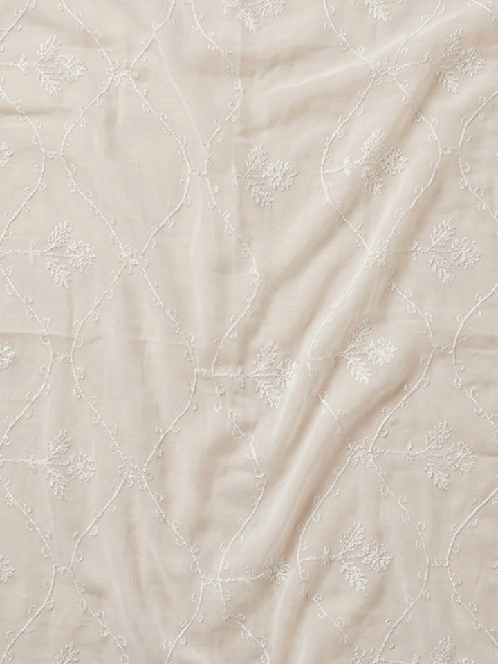 Off White Printed Cotton Blend Unstitched Suit &amp; Pant With Cotton Dupatta