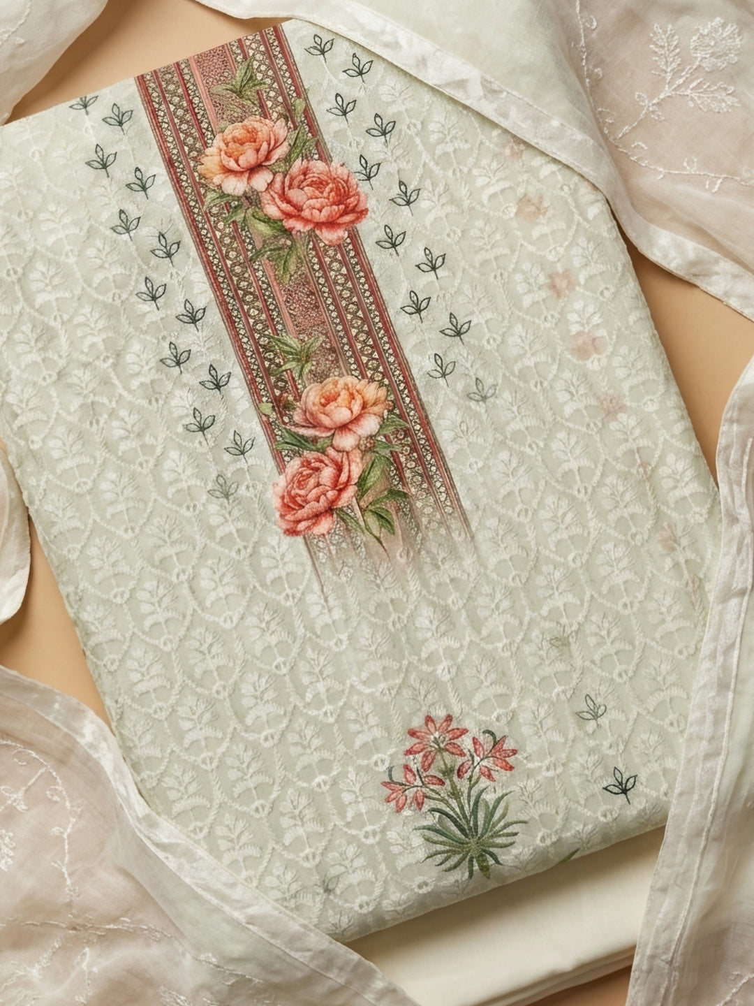 Off White Printed Cotton Blend Unstitched Suit &amp; Pant With Cotton Dupatta