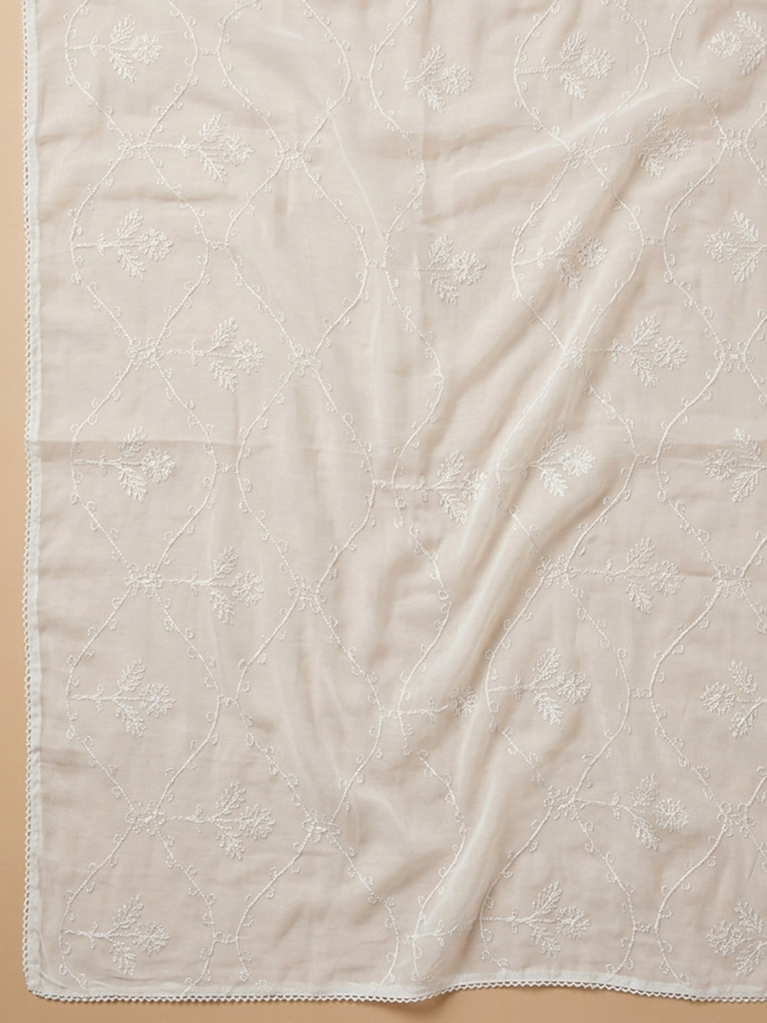 Off White Printed Cotton Blend Unstitched Suit &amp; Pant With Cotton Dupatta