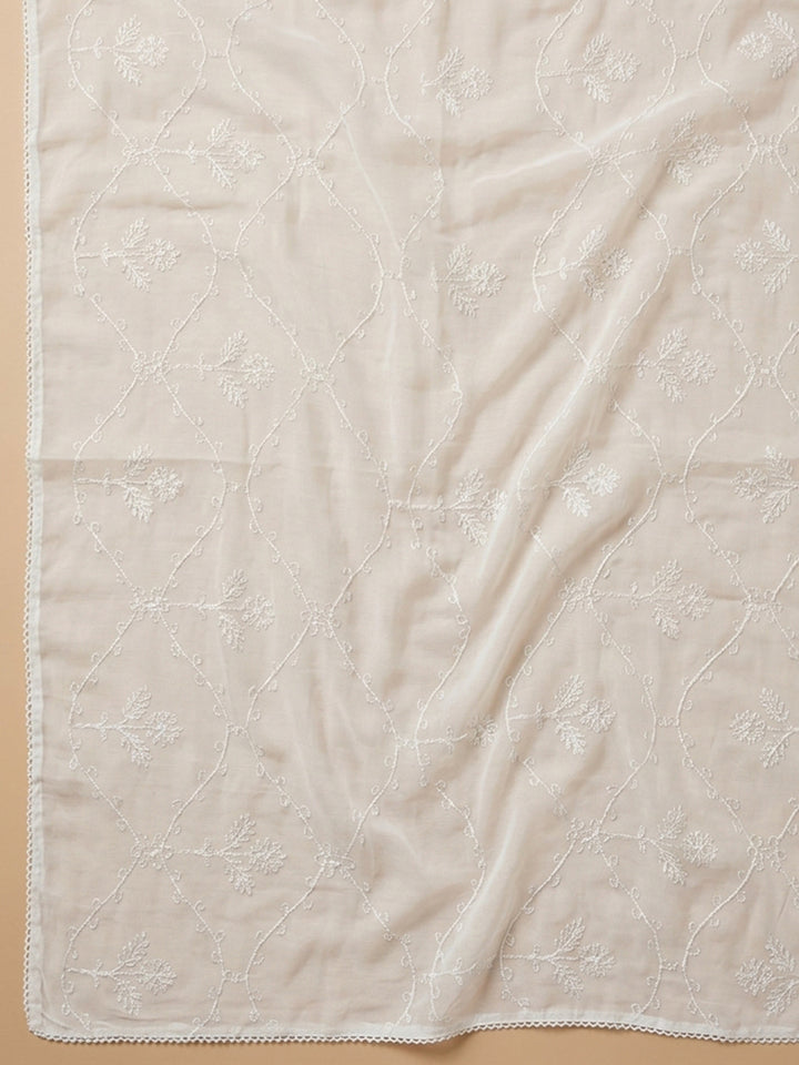 Off White Printed Cotton Blend Unstitched Suit &amp; Pant With Cotton Dupatta