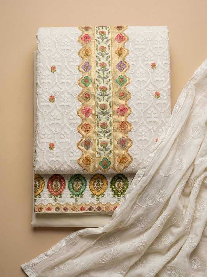 Beige Printed Cotton Blend Unstitched Suit &amp; Pant With Cotton Dupatta