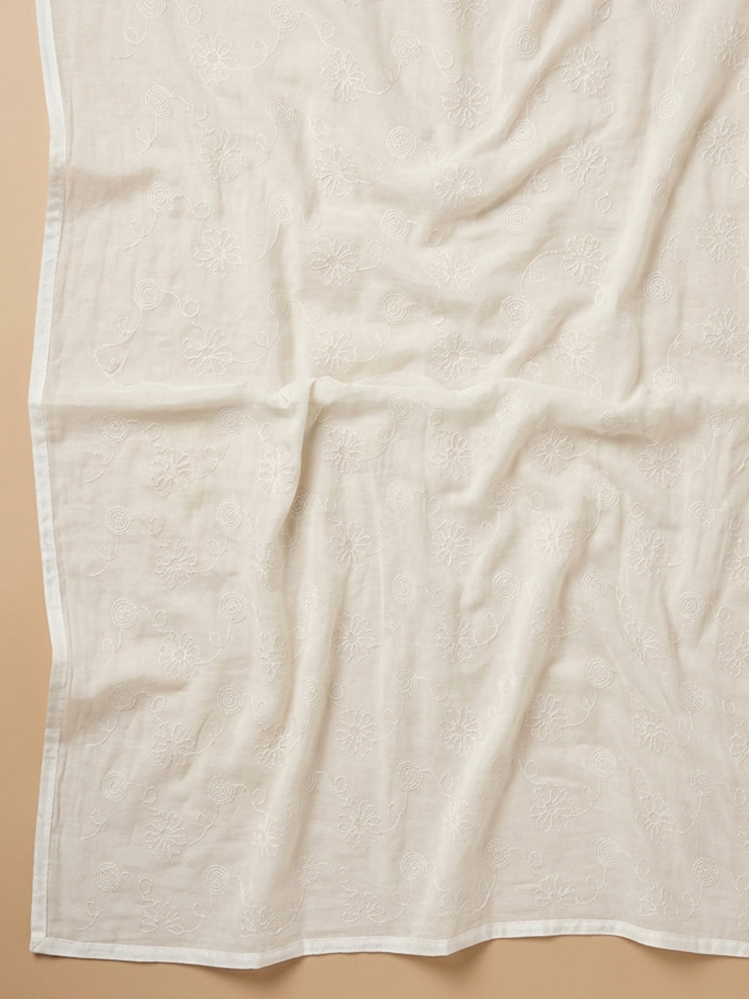 Beige Printed Cotton Blend Unstitched Suit &amp; Pant With Cotton Dupatta