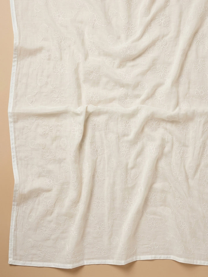 Beige Printed Cotton Blend Unstitched Suit &amp; Pant With Cotton Dupatta