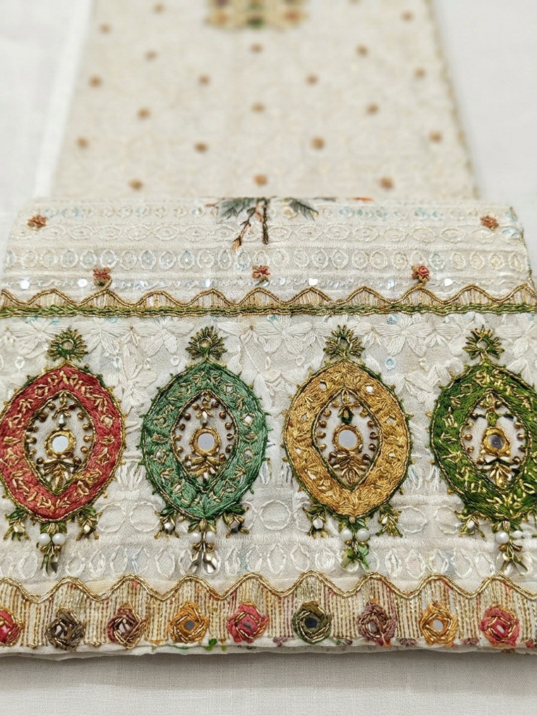 Beige Printed Cotton Blend Unstitched Suit &amp; Pant With Cotton Dupatta