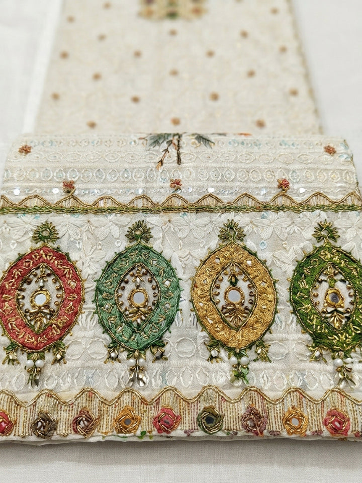 Beige Printed Cotton Blend Unstitched Suit &amp; Pant With Cotton Dupatta