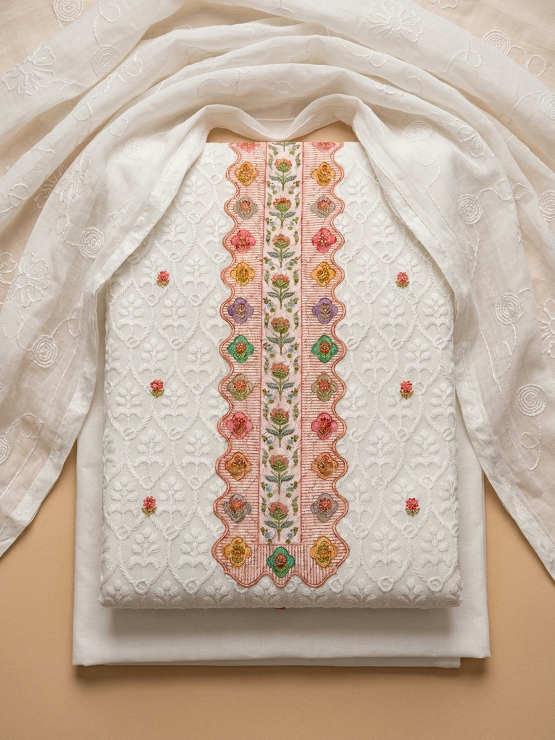Peach Printed Cotton Blend Unstitched Suit &amp; Pant With Cotton Dupatta