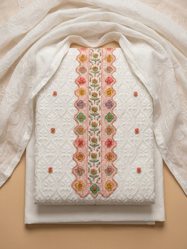 Peach Printed Cotton Blend Unstitched Suit &amp; Pant With Cotton Dupatta