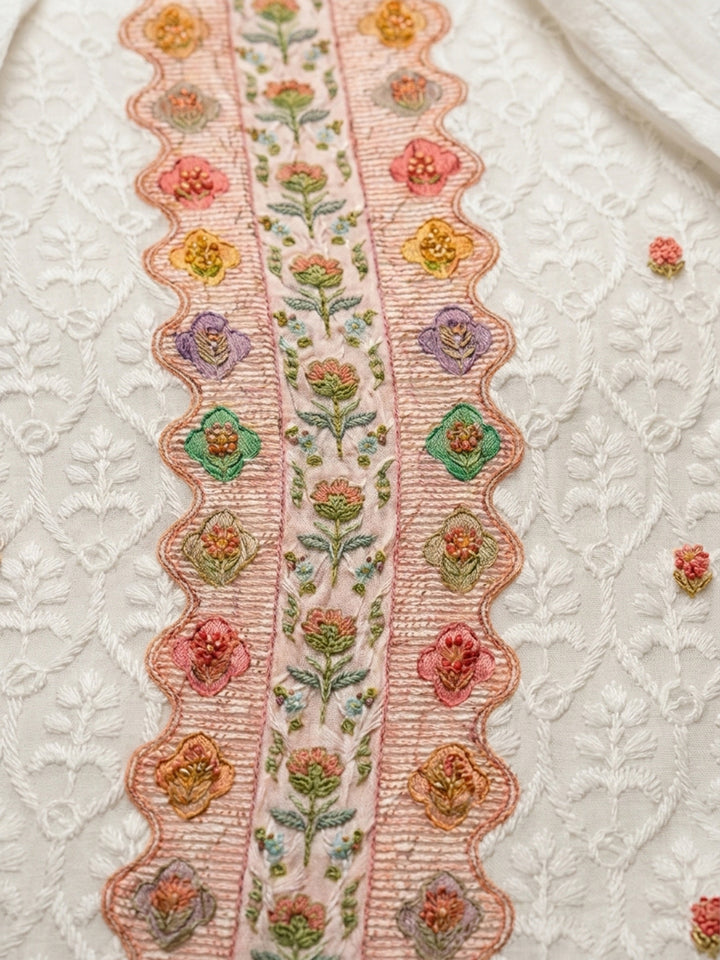 Peach Printed Cotton Blend Unstitched Suit &amp; Pant With Cotton Dupatta