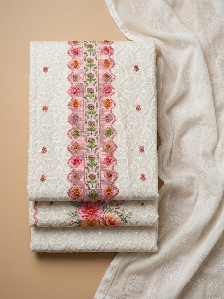 Pink Printed Cotton Blend Unstitched Suit &amp; Pant With Cotton Dupatta