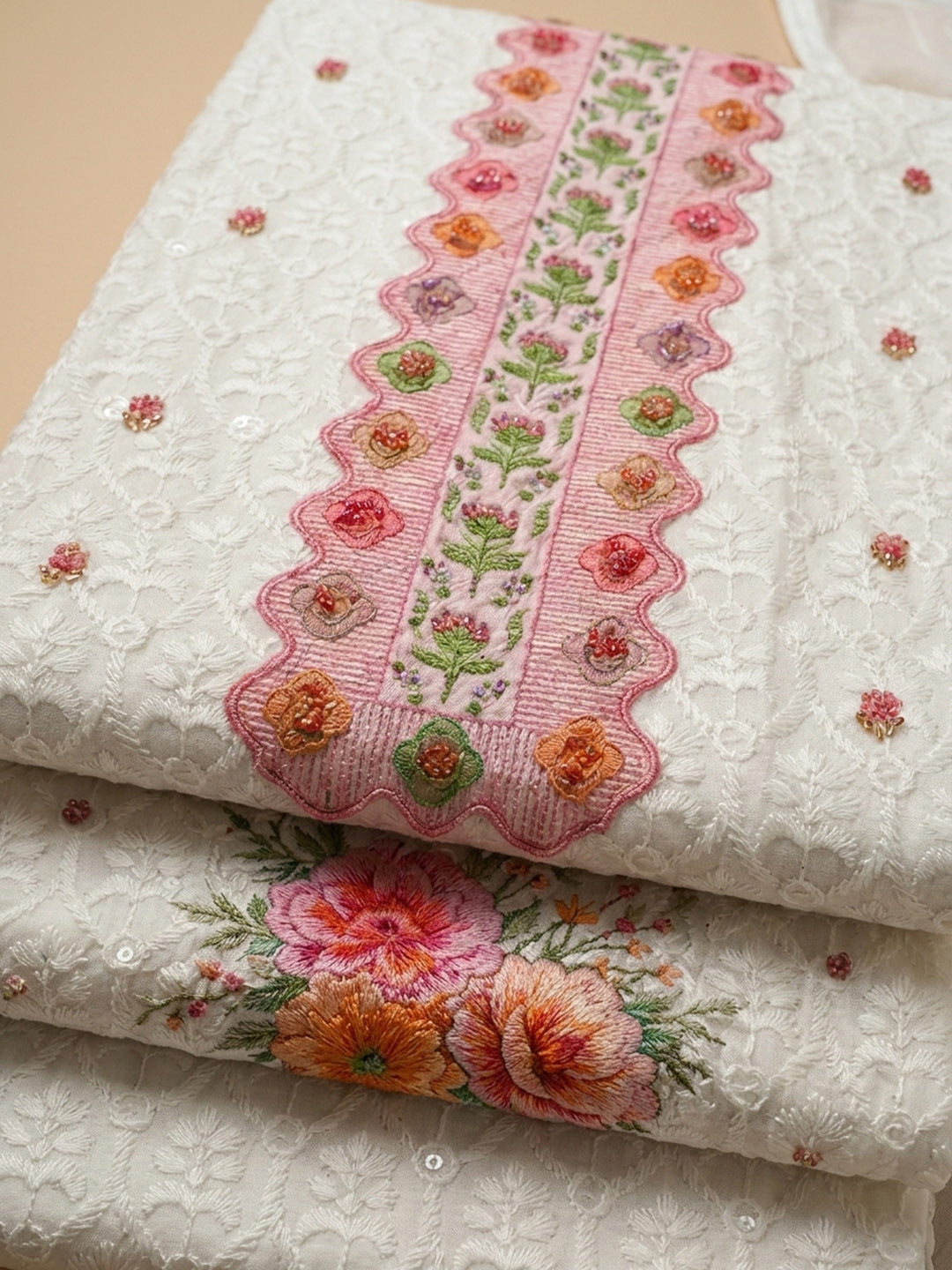 Pink Printed Cotton Blend Unstitched Suit &amp; Pant With Cotton Dupatta