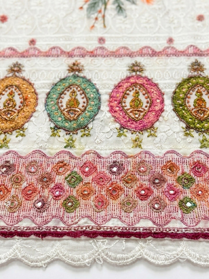 Pink Printed Cotton Blend Unstitched Suit &amp; Pant With Cotton Dupatta