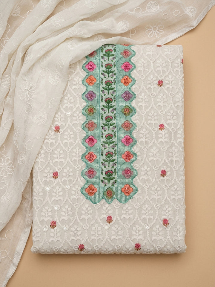 Sky Blue Printed Cotton Blend Unstitched Suit &amp; Pant With Cotton Dupatta