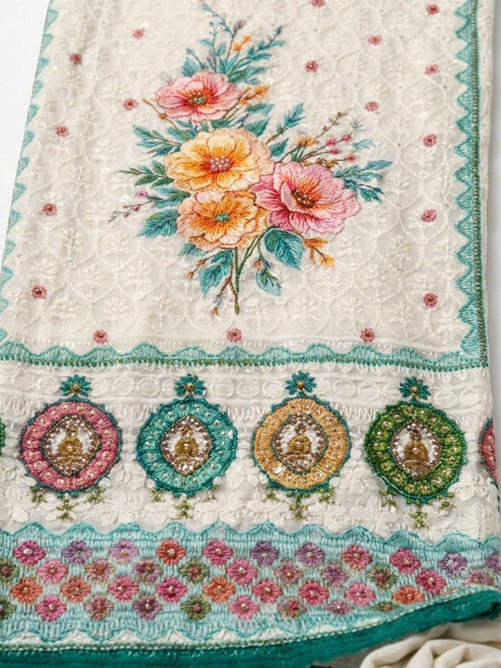 Sky Blue Printed Cotton Blend Unstitched Suit &amp; Pant With Cotton Dupatta