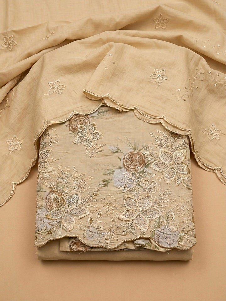Beige Embroidery Cotton Blend Unstitched Dress Material