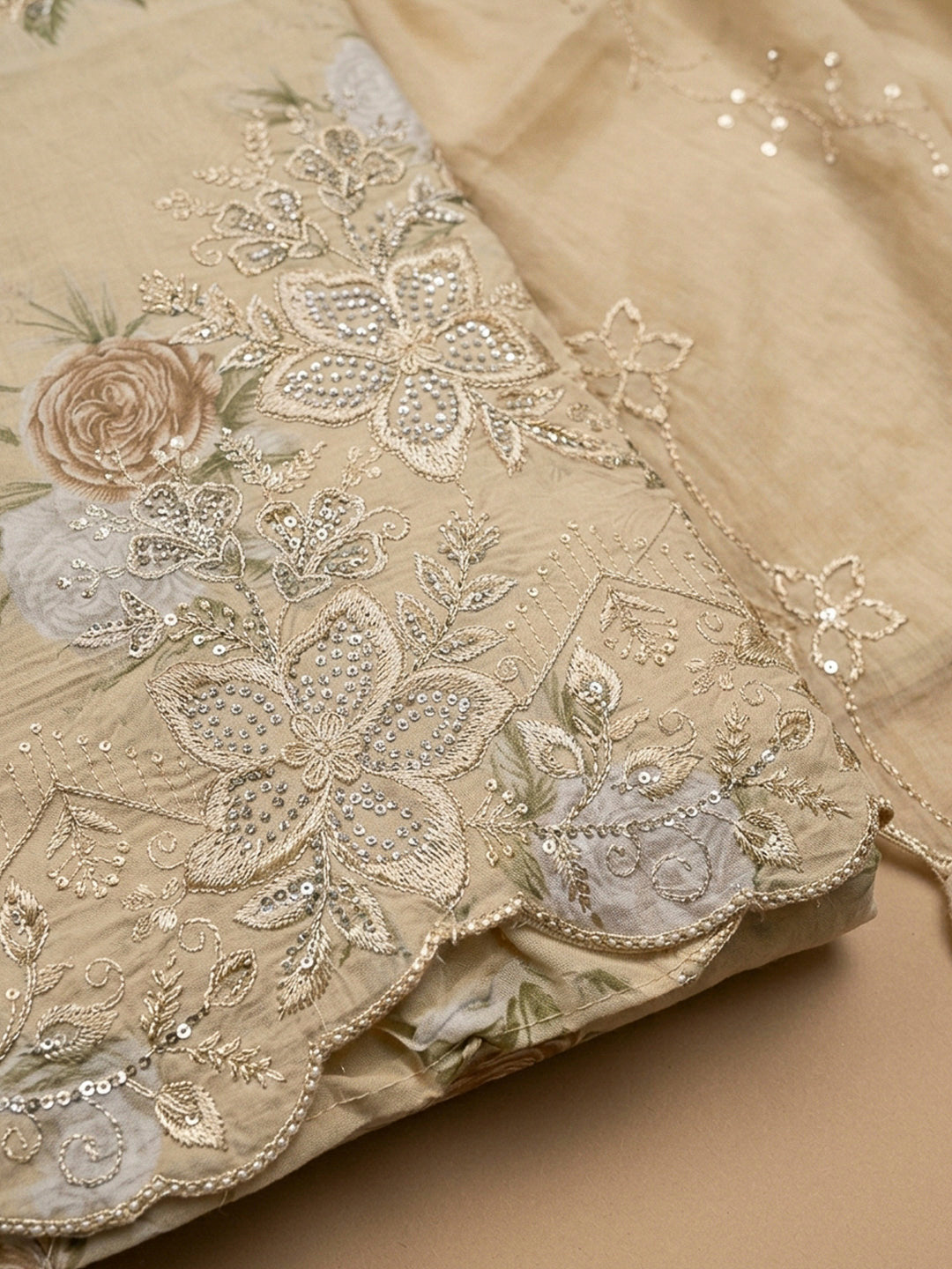 Beige Embroidery Cotton Blend Unstitched Dress Material