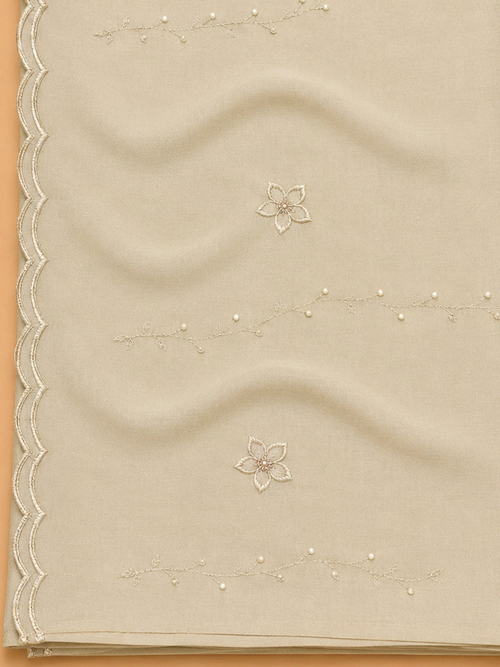 Beige Embroidery Cotton Blend Unstitched Dress Material