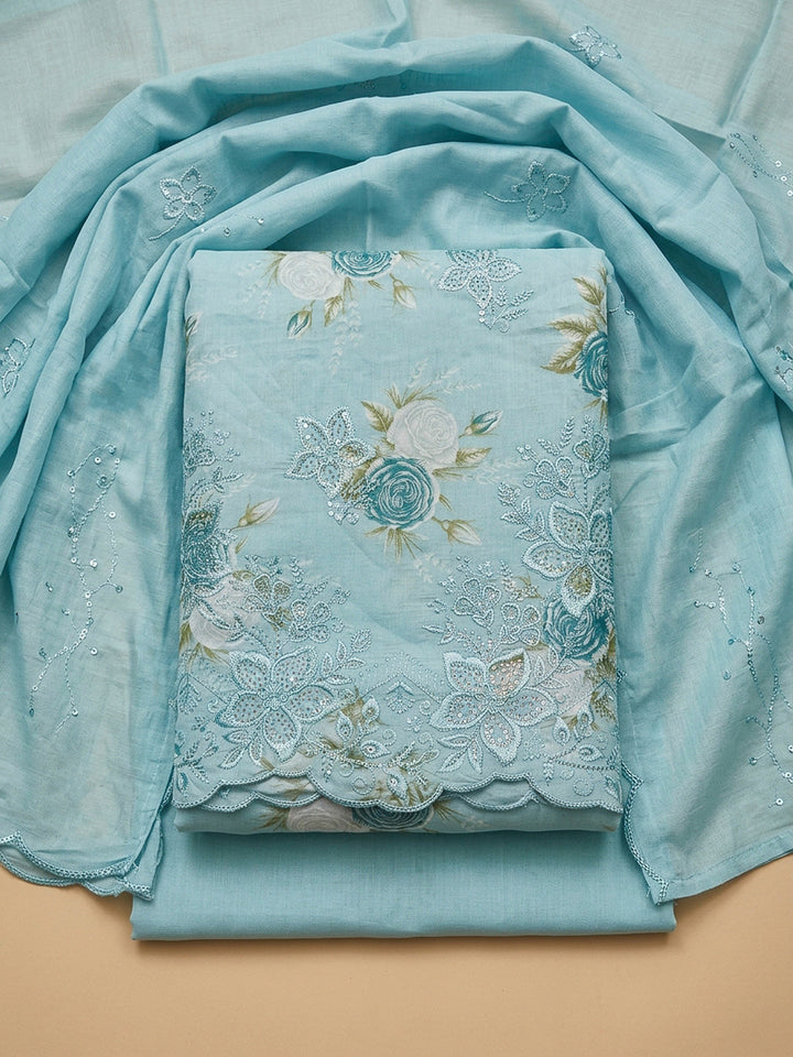 Blue Embroidery Cotton Blend Unstitched Dress Material